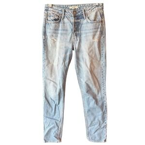 GRLFRND Kiara Light Wash Distressed Straight Leg Jeans 26 Button Fly Denim